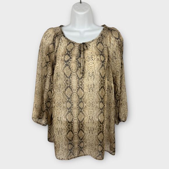Liz Claiborne Petite Large Snake Python Print Peasant Sheer 3/4 Sleeve Top Brown - Picture 1 of 6